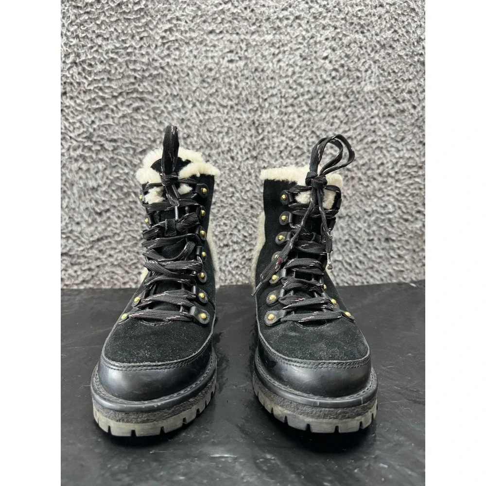 Tory Burch Cooper Suede Shearling Lined Lace-up Boots Black Womens Size‎ 7.5M